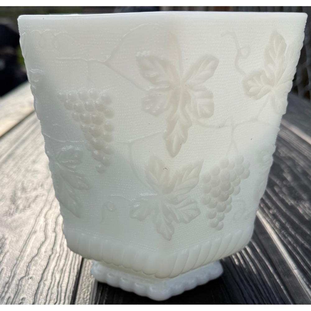 Vintage Fire-King Milk Glass Planter Hexagon Grape Leaf Anchor Hocking White